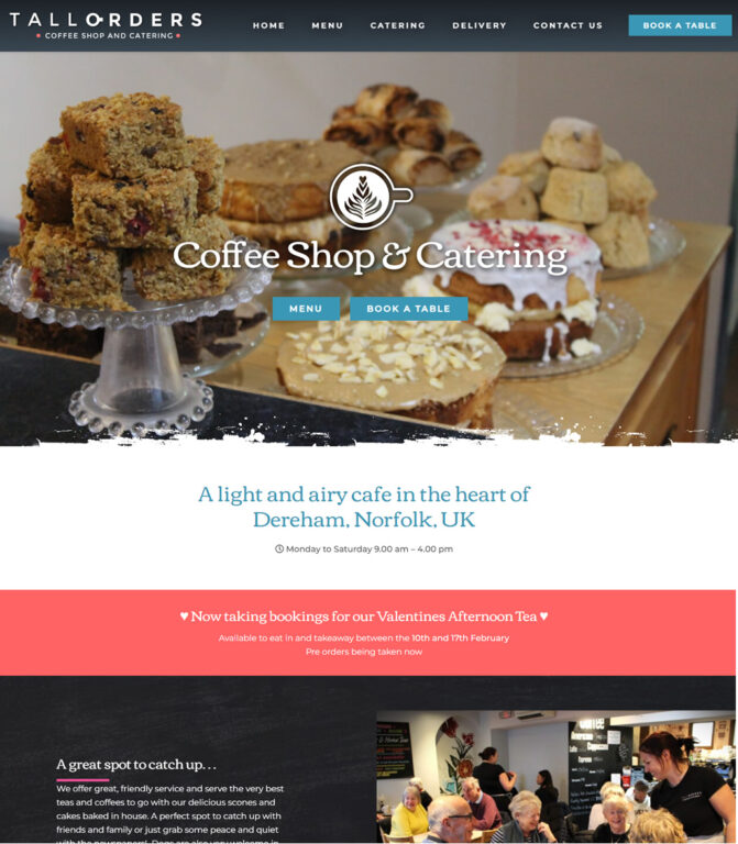 Tall Oders Website showing cakes and flapjacks